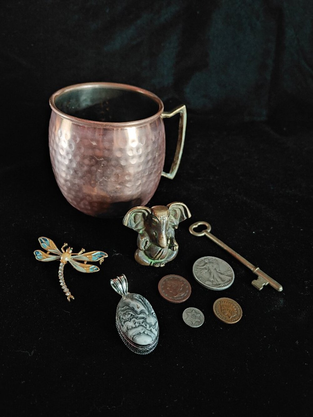 Grandma's antique vintage lot - bronze statue - silver jewelry - US coins & more